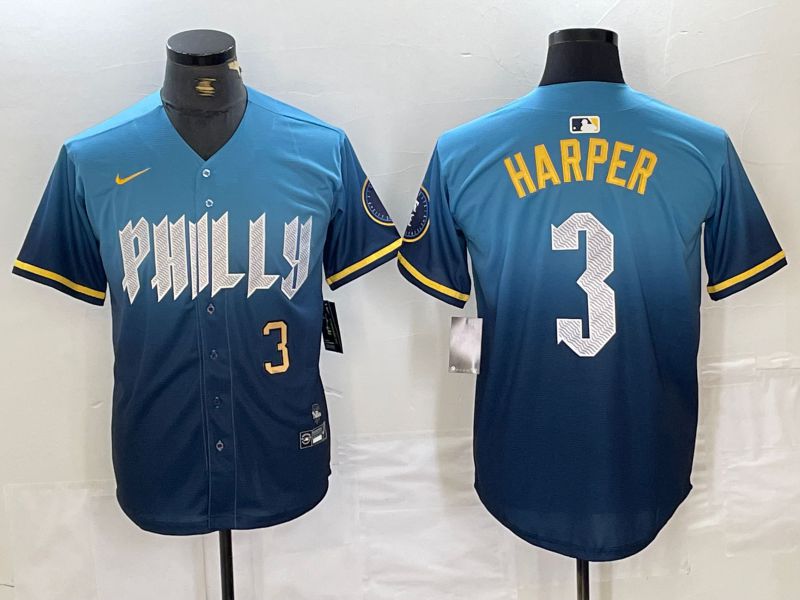 Men Philadelphia Phillies 3 Harper Blue City Edition Nike 2024 MLB Jersey style 2